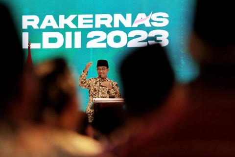 Anies Baswedan menghadiri Rakernas Lembaga Dakwah Islam Indonesia (LDII) di Gedung Serbaguna Minhaajurrosyidiin, Kamis (9/11/2023). Foto: Dok. Istimewa
