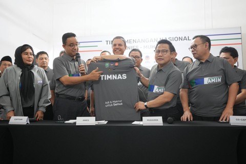 Anies Baswedan dan Muhaimin Iskandar memperkenalkan Timnas Pemenangan AMIN, Selasa (14/11/2023). Foto: Dok. Istimewa