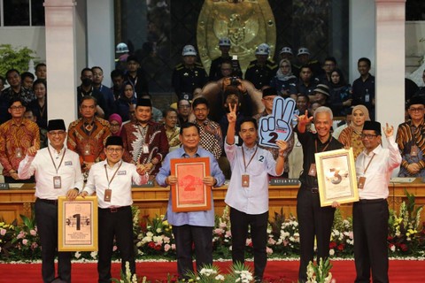 Pasangan calon presiden dan wakil presiden Anies Baswedan-Muhaimin Iskandar (Cak Imin), Ganjar Pranowo-Mahfud Md, dan Prabowo Subianto-Gibran Rakabuming Raka menunjukkan nomor urut pemilihan umum 2024. Foto: Aditia Noviansyah/kumparan