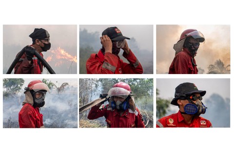 Manggala Agni - Foto kolase petugas Manggala Agni saat melakukan pemadaman kebakaran hutan dan lahan. Foto: Nova Wahyudi/Antara Foto