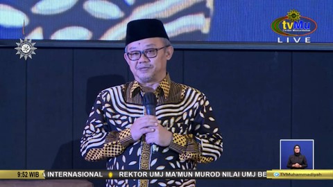 Sekretaris Umum PP Muhammadiyah Abdul Mu'ti dalam Dialog Publik Muhammadiyah Bersama Ganjar Pranowo-Mahfud MD di Universitas Muhammadiyah Jakarta, Kamis (23/11/2023). Foto: Youtube/tvMu Channel