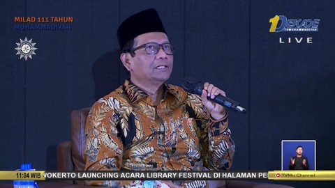Cawapres RI Mahfud MD dalam Dialog Publik Muhammadiyah Bersama Ganjar Pranowo-Mahfud MD di Universitas Muhammadiyah Jakarta, Kamis (23/11/2023). Foto: Youtube/tvMu Channel