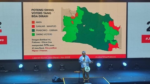 Ridwan Kamil saat paparkan survei internal pasangan Prabowo Subianto dan Gibran Rakabuming Raka. Foto: Rachmadi Rasyad/kumparan