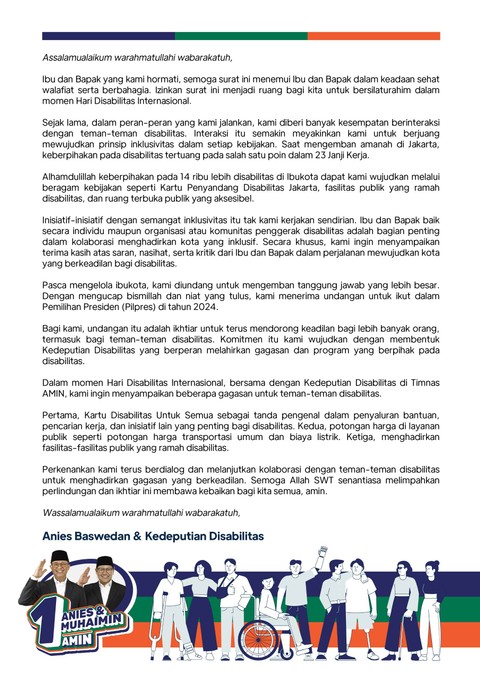 Surat dari Anies Baswedan dan Kedeputian Disabilitas Timnas AMIN dalam rangka Hari Disabilitas Internasional 2023.  Foto: Dok. Istimewa