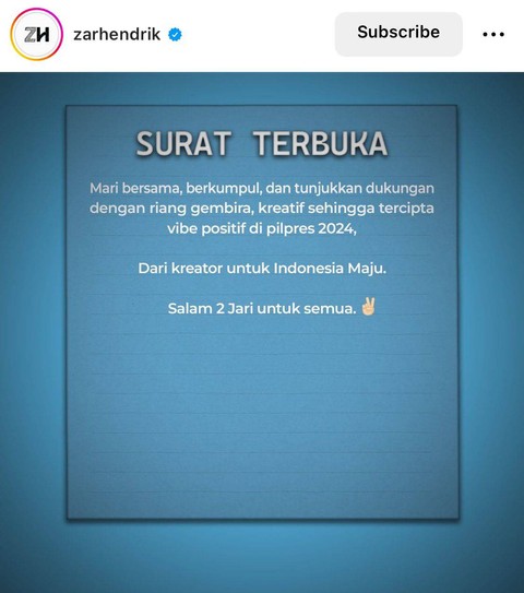 Zarry Hendrik dukung Prabowo Subianto. Foto: Instagram/ @zarhendrik