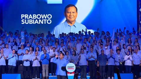 Calon presiden nomor urut 2 Prabowo Subianto memberikan sambutan saat Konsolidasi Pemenangan Prabowo - Gibran di Sentul International Convention Centre, Bogor, Minggu (10/12/2023). Foto: Youtube/Waktunya Indonesia Maju