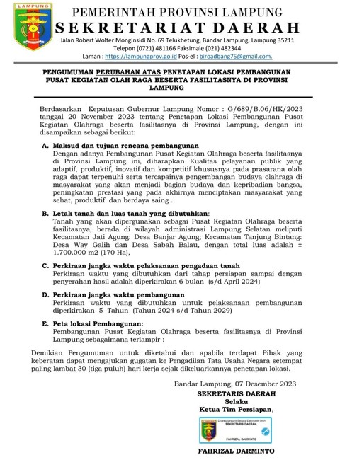 Pemprov Lampung mengumumkan peta perubahan lokasi pembangunan kawasan Sport Center. | Foto : Dok. Pemprov Lampung