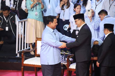 Momen pertemuan Calon Presiden (Capres) dan Cawapres sebelum Debat Capres Perdana Pemilu 2024 di Kantor KPU, Jakarta, Selasa (12/122023). Foto: Iqbal Firdaus/kumparan