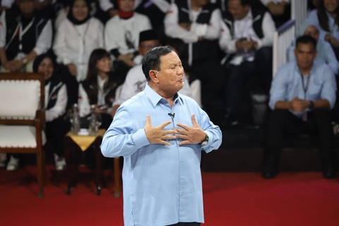 Prabowo Subianto saat debat pertama Calon Presiden Pemilu 2024 di KPU RI, Jakarta, Selasa (12/12/2023). Foto: Iqbal Firdaus/kumparan