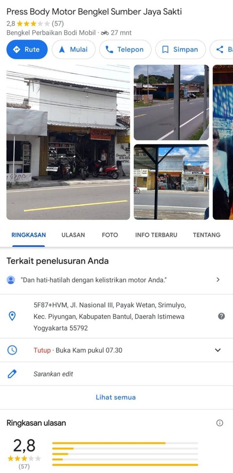 Tangkap layar review Google bengkel milik Nata Herosoesilo. Foto: Google Maps