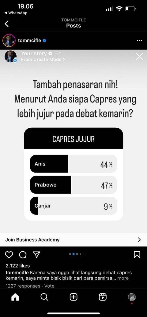 Polling akun Instagram bercentang biru milik Tom MC Ifle, seorang CEO Top Coach Indonesia, terhadap 347 orang followersnya. Foto: Dok. Istimewa