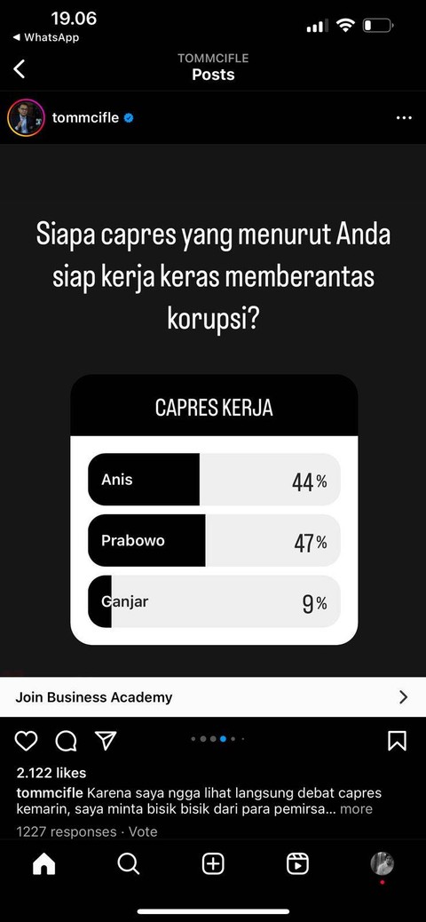 Polling akun Instagram bercentang biru milik Tom MC Ifle, seorang CEO Top Coach Indonesia, terhadap 347 orang followersnya. Foto: Dok. Istimewa