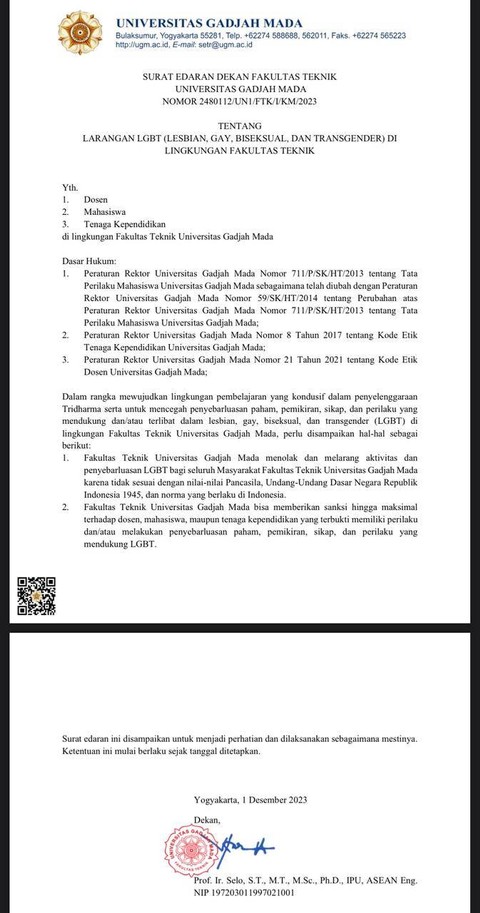 Surat edaran tentang larangan LGBT di lingkungan Fakultas Teknik UGM beredar di medsos. Foto: Dok. Istimewa