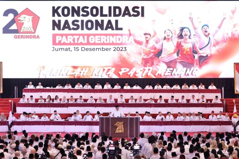 Ketua Umum Partai Gerindra Prabowo Subianto memimpin 'Konsolidasi Nasional Partai Gerindra' di JIExpo Kemayoran, Jakarta Utara, Jumat (15/12/2023). Foto: Dok. Istimewa