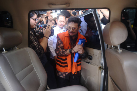 Tersangka mantan Mentan Syahrul Yasin Limpo (SYL) masuk mobil tahanan usai menjadi saksi dalam sidang etik Firli Bahuri, di Kantor Dewan Pengawas (Dewas) KPK, Gedung ACLC KPK, Jakarta, Rabu (20/12/2023). Foto: Indrianto Eko Suwarso/ANTARA FOTO