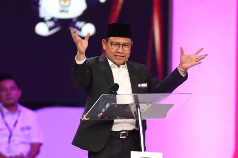 Calon wakil presiden nomor urut 1 Muhaimin Iskandar menyampaikan gagasannya saat debat calon wakil presiden Pemilu 2024 di JCC, Jakarta, Jumat (22/12/2023). Foto: Akbar Nugroho Gumay/ANTARA FOTO