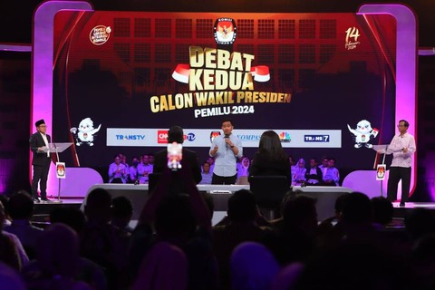 Cawapres nomor urut 02 Gibran Rakabuming Raka (tengah) menyampaikan gagasannya disaksikan cawapres nomor urut 01 Muhaimin Iskandar dan cawapres nomor urut 03 Mahfud MD saat debat calon wakil presiden Pemilu 2024 di JCC, Jakarta, Jumat (22/12/2023). Foto: Iqbal Firdaus/kumparan