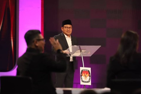 Cawapres nomor urut 01 Muhaimin Iskandar menyampaikan gagasannya saat debat calon wakil presiden Pemilu 2024 di JCC, Jakarta, Jumat (22/12/2023). Foto: Iqbal Firdaus/kumparan