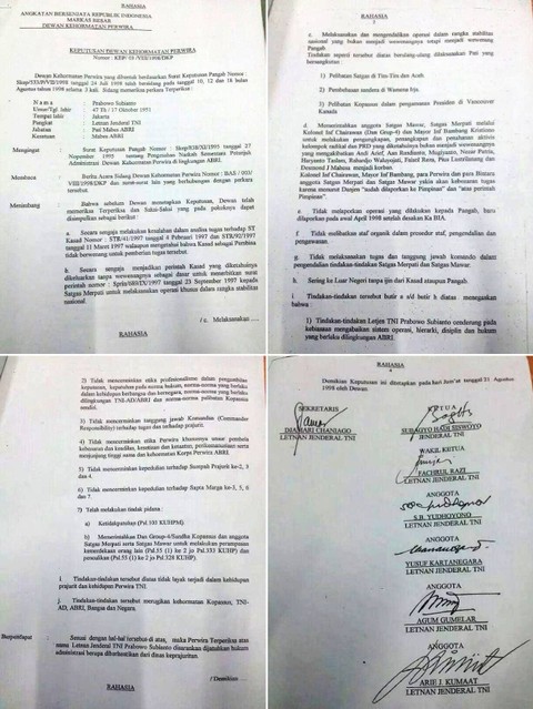 Surat Keputusan pemberhentian Prabowo Subianto dari militer. Foto: Dok. Istimewa