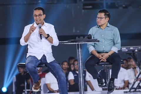 Calon presiden nomor urut 1 Anies Baswedan (kiri) bersama Wakil presiden nomor urut 1 Muhaimin Iskandar (kanan) menjawab pertanyaan peserta pada acara Resolusi Indonesia di Jakarta, Jumat (5/1/2024). Foto: ANTARA FOTO/Asprilla Dwi Adha