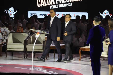 Calon presiden dan calon wakil presiden nomor urut 01 Anies Baswedan dan Muhaimin Iskandar saat debat ketiga Pilpres 2024 di Istora Senayan, Kompleks GBK, Jakarta Pusat, Minggu (7/1/2024). Foto: Iqbal Firdaus/kumparan