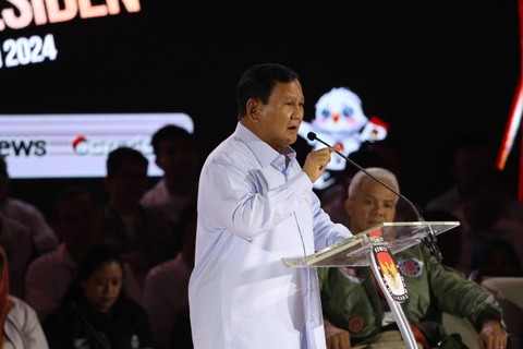 Calon presiden nomor urut 02 Prabowo Subianto menyampaikan gagasannya saat debat ketiga Pilpres 2024 di Istora Senayan, Kompleks GBK, Jakarta Pusat, Minggu (7/1/2024). Foto: Dok. Istimewa