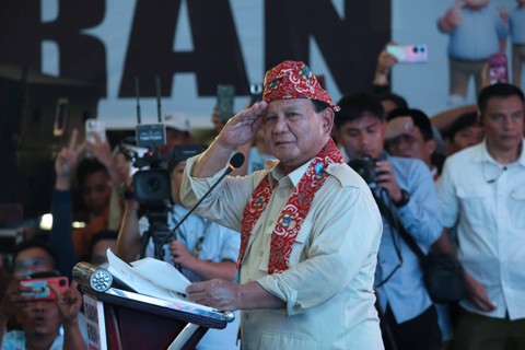 Capres 02, Prabowo Subianto, saat menghadiri acara 'Konsolidasi Relawan Prabowo-Gibran Provinsi Bengkulu' yang digelar di Balai Buntar, Bengkulu, Kamis (11/1/2024). Foto: Dok. Istimewa