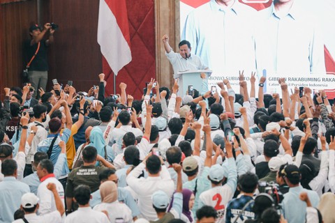 Capres nomor urut 2 Prabowo Subianto hadiri Konfederasi Serikat Pekerja Nusantara (KSPN) di Soreang, Kabupaten Bandung, Jawa Barat, Minggu (14/1). Foto: Dok. Istimewa