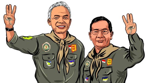 Pasangan Calon Presiden (Capres)- Calon Wakil Presiden (Cawapres) Nomor Urut 3, Ganjar Pranowo dan Mahfud MD (Ganjar-Mahfud)  tampil mengenakan  kostum unik ramah lingkungan, sesuai tema Debat Pilpres 2024. Foto: Dok. Istimewa