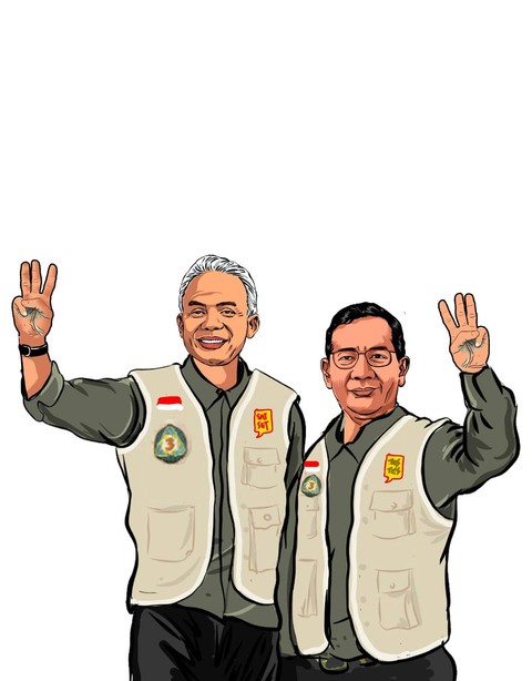 Pasangan Calon Presiden (Capres)- Calon Wakil Presiden (Cawapres) Nomor Urut 3, Ganjar Pranowo dan Mahfud MD (Ganjar-Mahfud)  tampil mengenakan  kostum unik ramah lingkungan, sesuai tema Debat Pilpres 2024. Foto: Dok. Istimewa