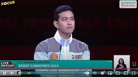 Cawapres nomor urut 2 Gibran Rakabuming Raka memakai jaket berlogo Naruto saat Debat Keempat Pilpres 2024 di Jakarta Convention Center (JCC), Jakarta, Minggu (21/1/2024). Foto: kumparan