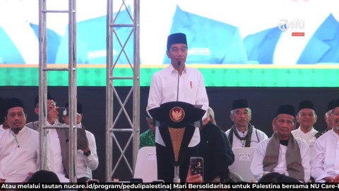 Presiden Joko Widodo memberikan sambutan saat menghadiri Apel 24 Ribu Santri dan Pelajar Emas PP IPNU. Foto: Youtube/TVNU Televisi Nahdlatul Ulama