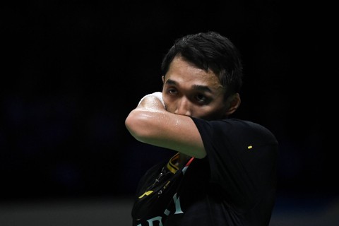 Pebulu tangkis tunggal putra Indonesia Jonatan Christie. Foto: M Risyal Hidayat/ANTARA FOTO