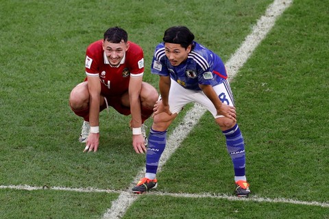 Pemain Timnas Jepang Takumi Minamino saat melawan Timnas Indonesia pada pertandingan Grup D Piala Asia 2023 di Stadion Al Thumama, Doha, Qatar, Rabu (24/1/2024). Foto: Thaier Al-Sudani/REUTERS