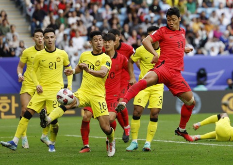 Malaysia vs Korea Selatan dalam laga terakhir Grup E Piala Asia di Al Janoub Stadium, Al Wakrah, Qatar, pada 25 Januari 2024. Foto: REUTERS/Thaier Al-Sudani