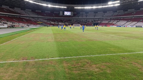 Kondisi rumput lapangan Stadion Utama Gelora Bung Karno (GBK), Jakarta, Jumat (26/1/2024). Foto: Aditia Noviansyah/kumparan