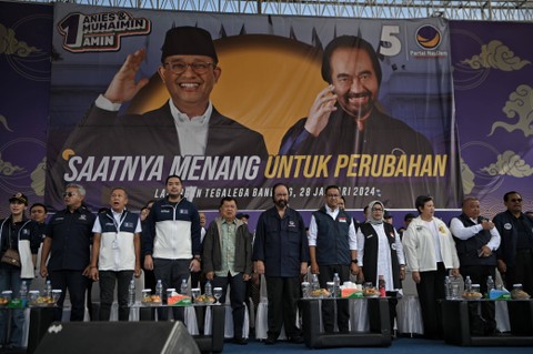Calon Presiden nomor urut 1 Anies Baswedan menghadiri  kampanye akbar Partai Nasdem di Lapangan Tegallega, Bandung, Jawa Barat, Minggu (28/1/2024). Foto: Dok. Istimewa