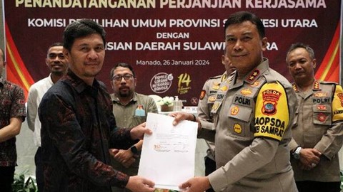 Penandatangan kerja sama antara KPU dan Polda Sulut terkait pengamanan Pemilu 2024 di wilayah Sulawesi Utara.