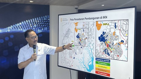 Kepala OIKN Bambang Susantono dalam konferensi pers di Kantor Kementerian Komunikasi dan Informatika (Kominfo), Jakarta, pada Selasa (30/1/2024). Foto: Widya Islamiati/kumparan