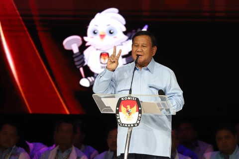 Capres nomor urut 02 Prabowo Subianto menyampaikan gagasannya saat Debat Kelima Pilpres 2024 di Jakarta Convention Centre (JCC), Jakarta, Minggu (4/2/2024). Foto: Iqbal Firdaus/kumparan