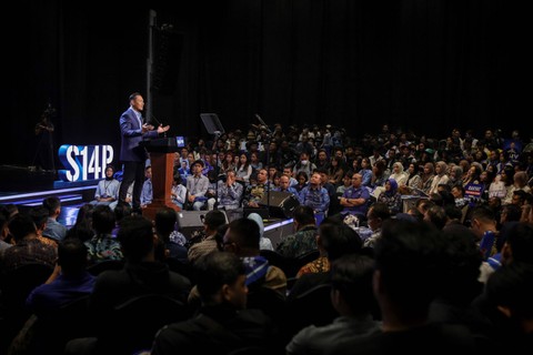 Ketua Umum Partai Demokrat Agus Harimurti Yudhoyono (AHY) menyampaikan pidato politik di Jakarta Convention Center (JCC), Senayan, Jakarta, Selasa (6/2/2024). Foto: Jamal Ramadhan/kumparan
