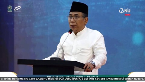 Ketua Umum PBNU) Yahya Cholil Staquf memberikan sambutan saat Grand Launching Universitas Nahdlatul Ulama Pasuruan. Foto: Youtube/TVNU Televisi Nahdlatul Ulama
