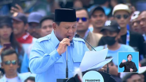 Capres nomor urut 02 Prabowo Subianto memberikan pidato saat kampanye akbar di Stadion Gelora Bung Karno, Jakarta, Sabtu (10/2/2024). Foto: Youtube/Waktunya Indonesia Maju