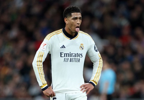 Reaksi Jude Bellingham dari Real Madrid saat pertandingan di Santiago Bernabeu, Madrid, Spanyol. Foto: Isabel Infantes/Reuters