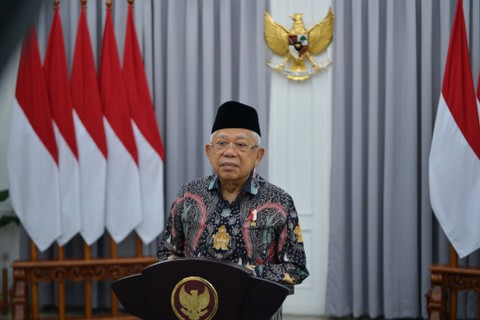 Wakil Presiden Ma'ruf Amin memberikan sambutan di perayaan Tahun Baru Imlek 2024. Foto: Dok. BPMI Setwapres