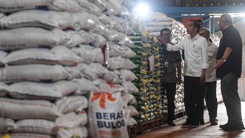 Presiden Joko Widodo (kiri) didampingi Direktur Utama Perum BULOG Bayu Krisnamurthi (kanan) meninjau persedian beras. Foto: ANTARA FOTO/Muhammad Adimaja