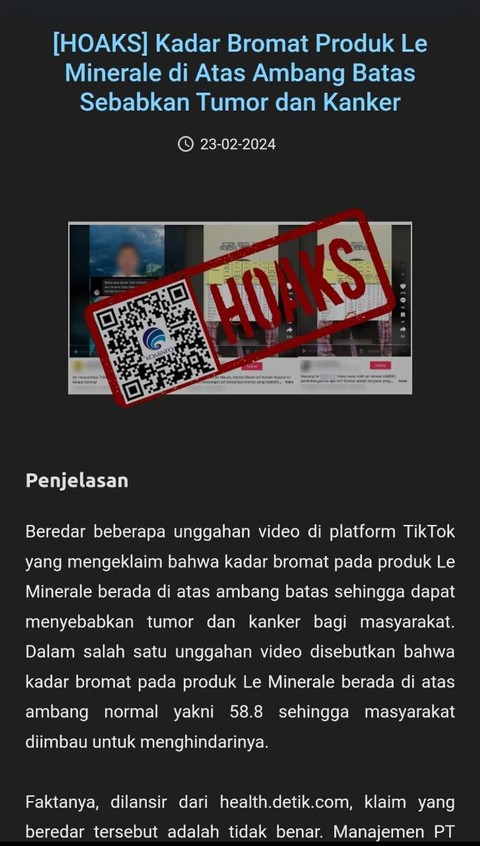 Kominfo sebut hoaks pada pemberitaan Le Minerale. Dok: Istimewa. 