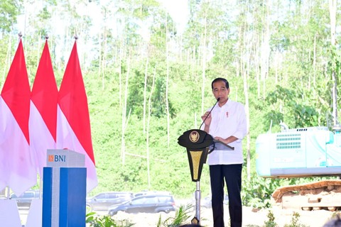 Presiden Jokowi groundbreaking BNI 46 di IKN, di Kabupaten Penajam Paser Utara, Kalimantan Timur, Kamis (29/2/2024).