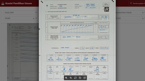 Data Sirekap Sabtu (2/3) pukul 19.27 WIB. TPS 020 Tanah Grogot, Paser, Kalimantan Timur, suara PSI tertukar dengan suara tidak sah. Foto: Dok. KPU