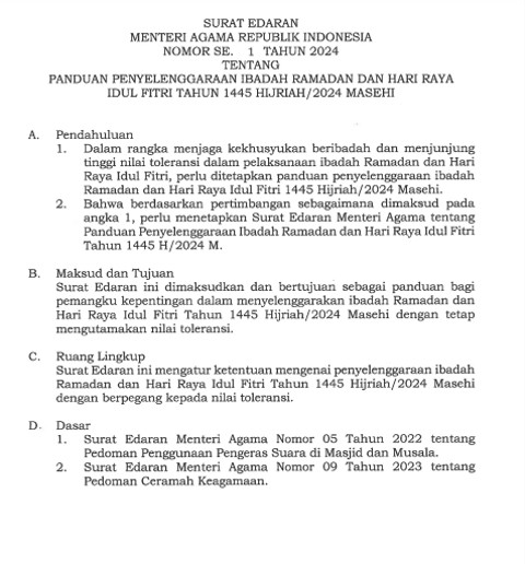 SE Menteri Agama No 1/2024 soal Ramadan dan  Idul Fitri  2024 Foto: Dok. Kemenag DKI 